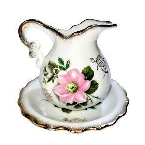 Vintage Miniature Pitcher & Bowl Set Japan Pink Floral Gold Trim Porcelain Decor